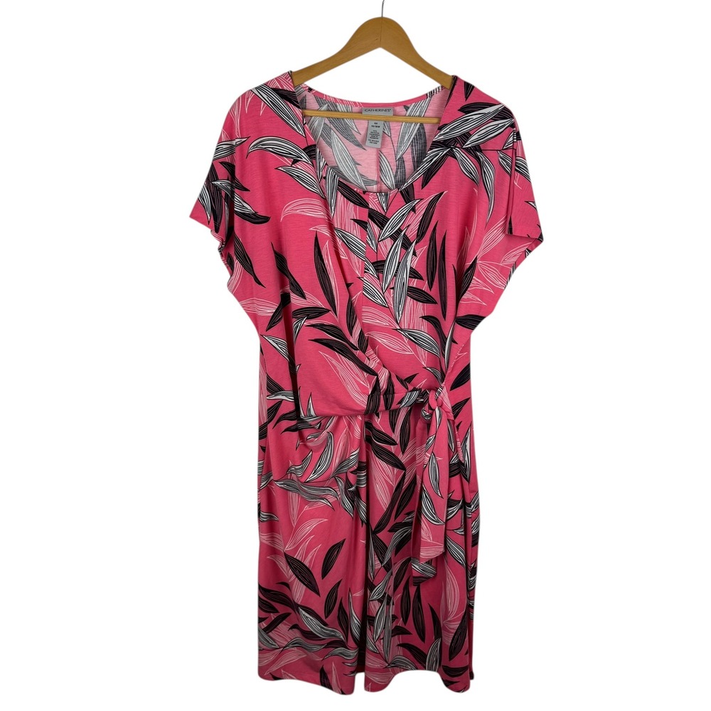 Catherines Tropical Leaf Print Dress Size 0X 14/16W Pink Knit Tie‎ Waist Resort